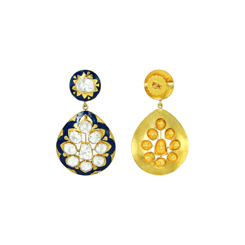Navy Enamel Drop Earrings with Floral Polkis